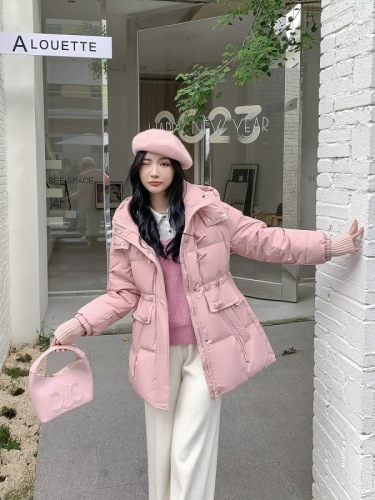 High-end down cotton coat women's mid-length 2024 winter new horn buckle waist warm and thickened jacket