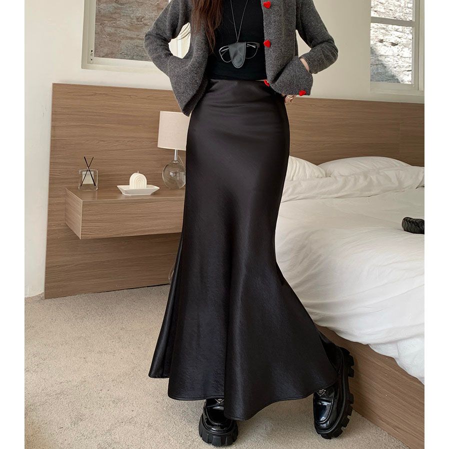 Actual shot ~ 2024 new Korean style satin fishtail skirt elastic waist slimming French long skirt skirt for women