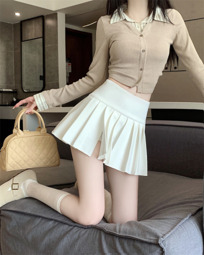 High-waisted slimming pleated slit skirt hot girl A-line skirt anti-exposure skirt