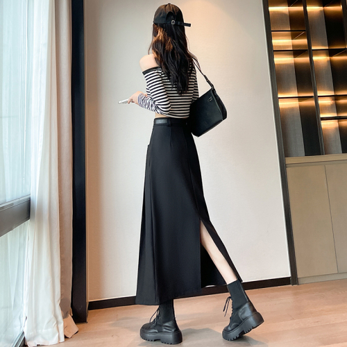 Mid-length suit skirt for women, new spring and autumn style, high waist design, pleated skirt for small people, long skirt