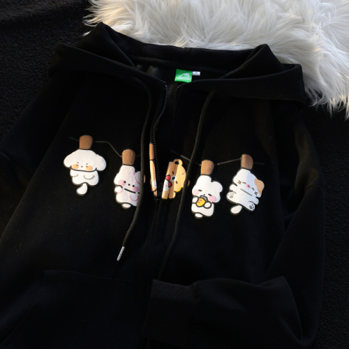 310 grams Chinese cotton compound milk silk + double hood back collar niche cartoon hooded sweatshirt women's autumn and winter long-sleeved jacket