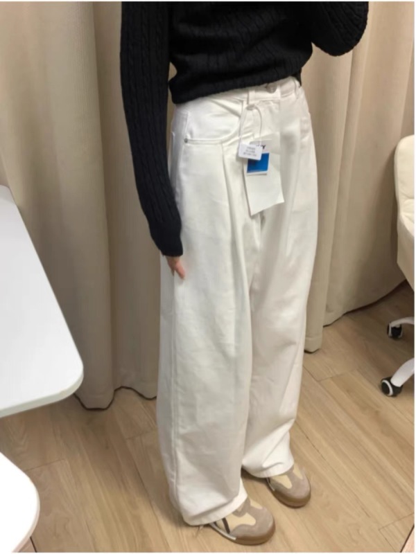 White Jeans Women's High Waist Slim Straight Leg Loose 2024 Autumn New Loose Pleated Wide Leg Floor-Mopping Pants
