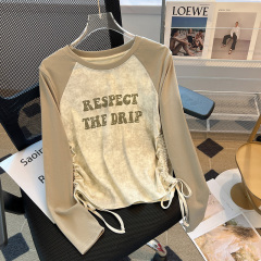 Loose and slim round neck patchwork letter printed drawstring long sleeve T-shirt for women trendy