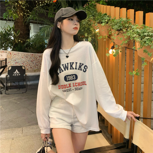 High quality pure cotton 200g 21 count combed precision printed autumn loose long sleeve T-shirt for women