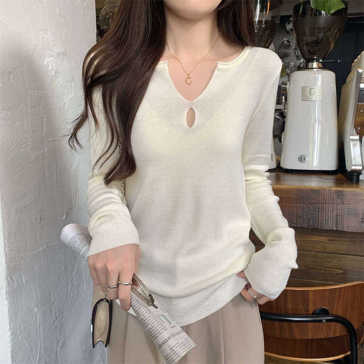 Actual shot of autumn and winter Korean style semi-open collar temperament hollow versatile 6 wool knitted bottoming shirt long-sleeved top for women