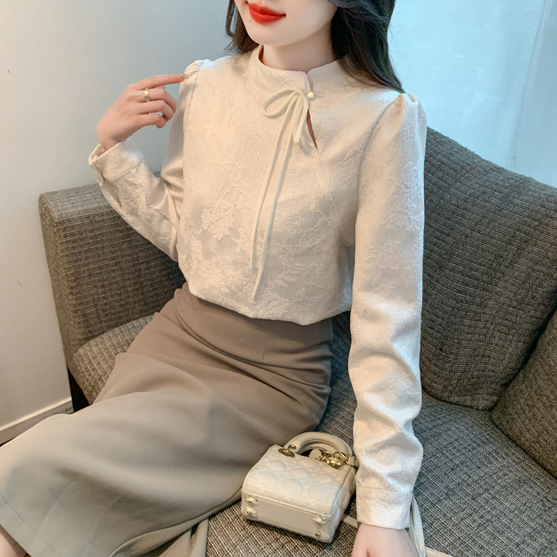 French retro new Chinese style long-sleeved shirt for women autumn new jacquard disc button stand-up collar shirt plus velvet top