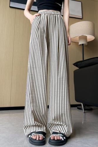 Elastic waist striped wide leg pants for women 2024 new loose straight trousers versatile slimming casual pants trend