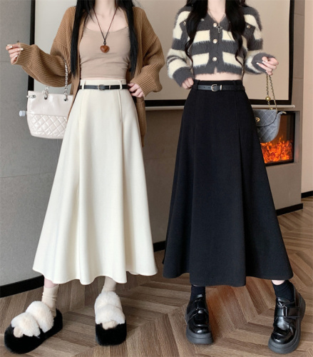 Korean style high-waist slim woolen pleated mid-length skirt, versatile loose A-line skirt with large hem