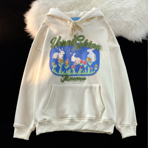 250g sweatshirt + printed towel embroidery + pull shoulder bag collar double hooded sweatshirt for women sweet and cool top