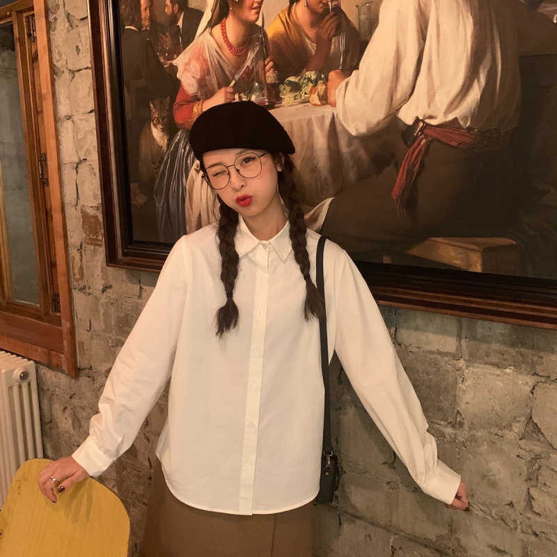 New Japanese versatile basic inner layering retro basic white shirt for women