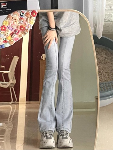 Spring and summer high-waisted slim jeans for women, stretchy, slim-fitting, washed, versatile, micro-flared trousers