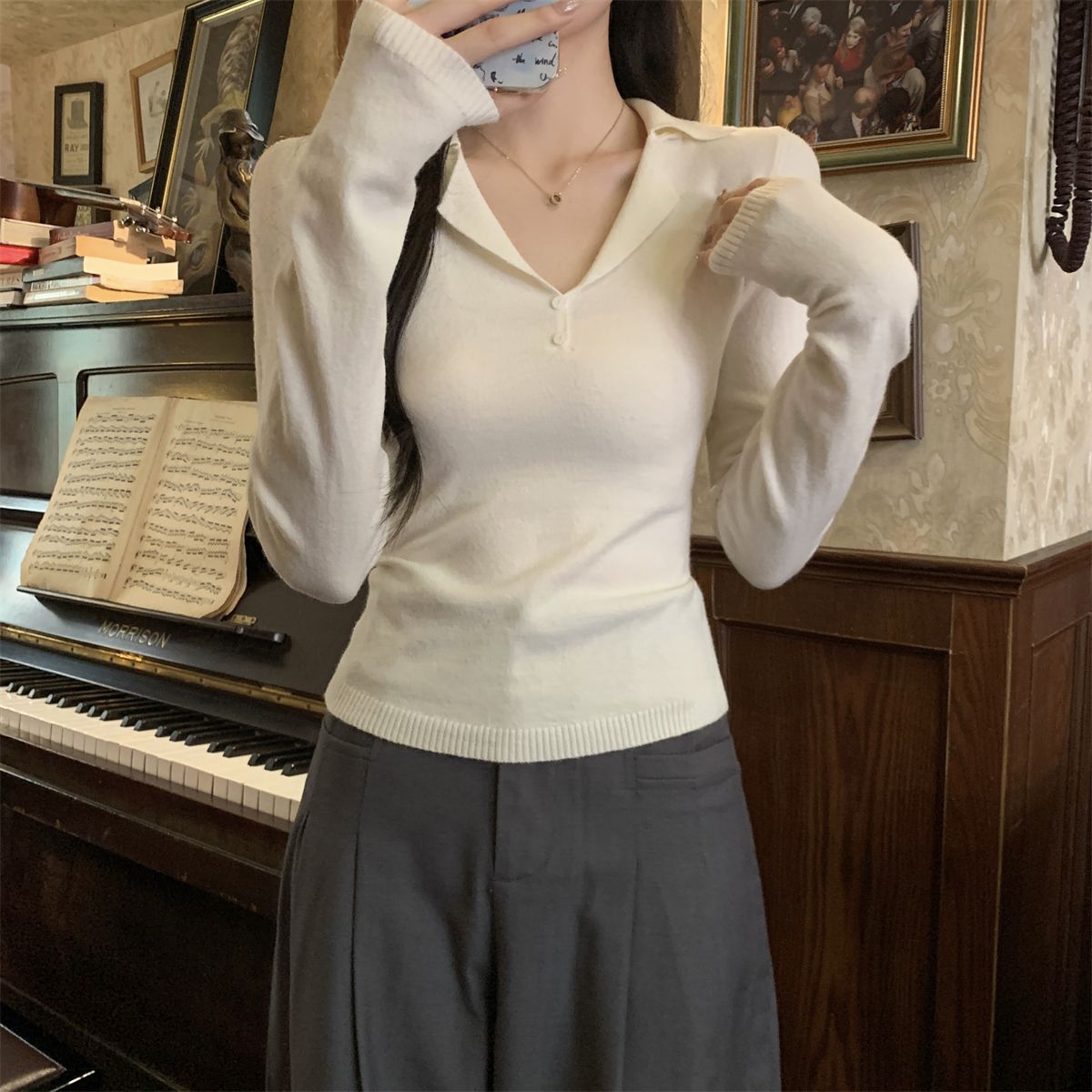 Actual shot of autumn and winter Korean style slim fit suit collar design Andy velvet knitted bottoming shirt top for women