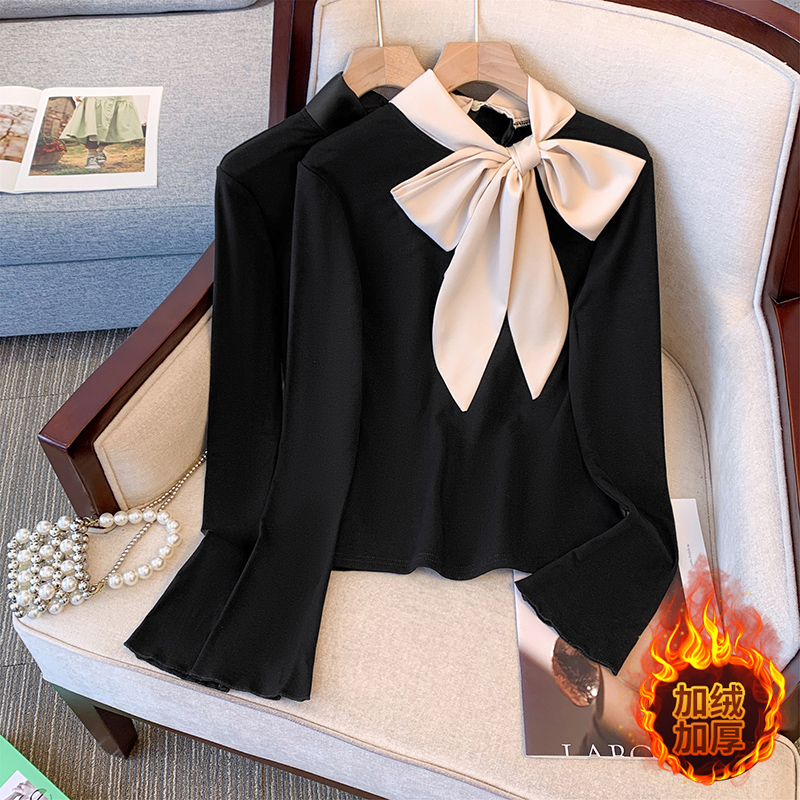 New temperament bow slim fit autumn temperament lining fleece top