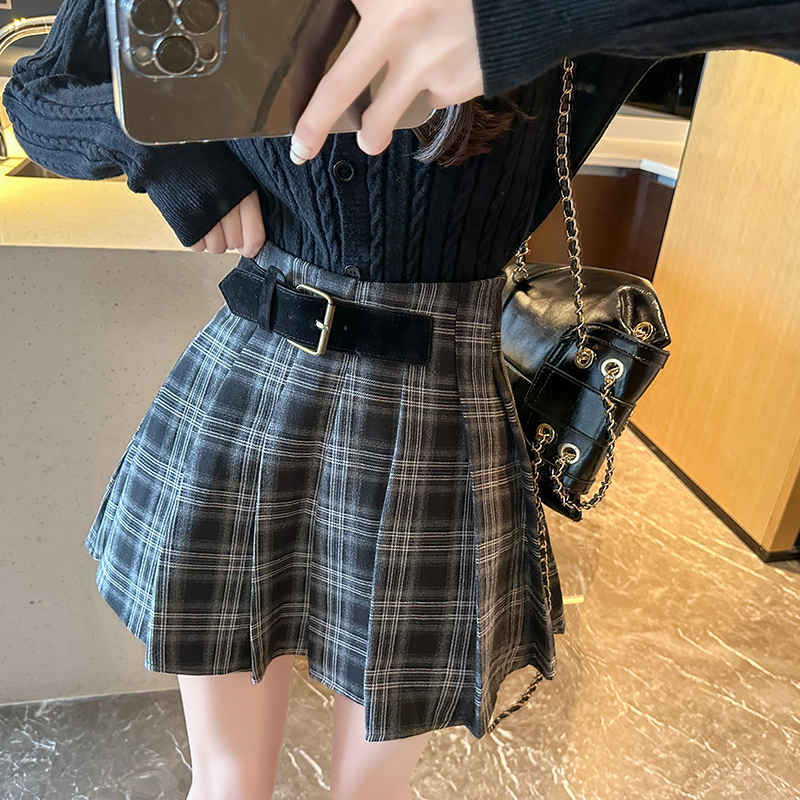 American retro design plaid pleated short all-female autumn slimming A-line woolen skirt
