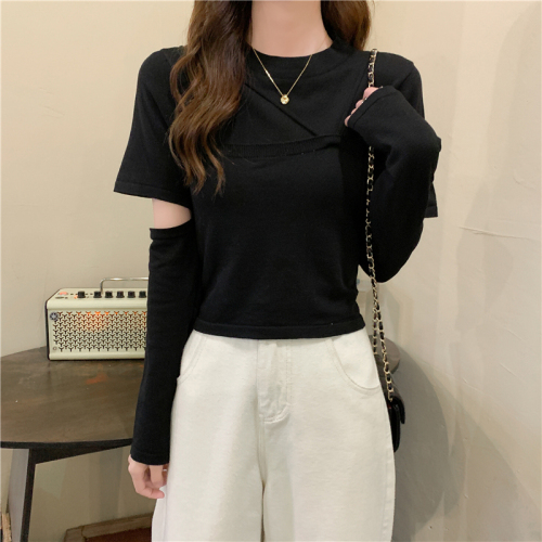 Air ins knitted two-piece set with irregular splicing suspenders long-sleeved knitted top