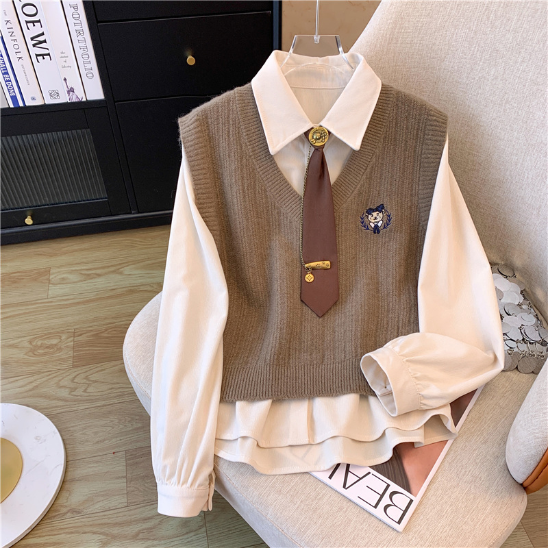 College style knitted vest new winter layering + long-sleeved lapel shirt and tie two-piece suit