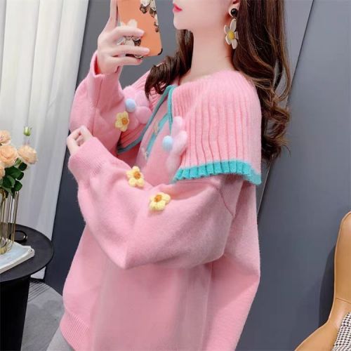 Three-dimensional flower navy collar pullover sweater for women in autumn and winter new soft, sweet, loose and super good-looking age-reducing sweater