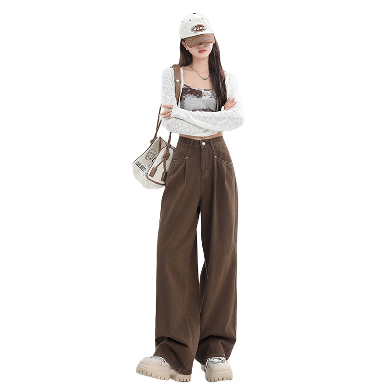 Autumn and winter coffee-colored velvet high-waisted wide-leg jeans for women, loose, slimming and drapey straight floor-length mopping pants