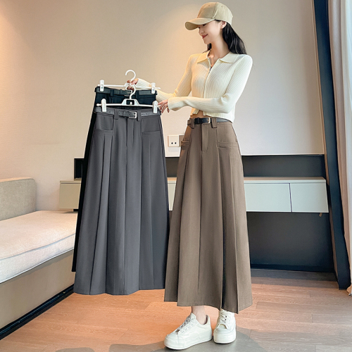 Mid-length suit skirt for women, new spring and autumn style, high waist design, pleated skirt for small people, long skirt