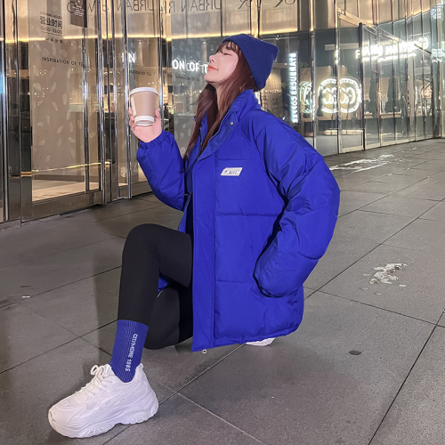 Real shot of Klein Blue Bread Jacket for Women 2024 Autumn and Winter New Loose BF Trendy Brand Thickened Stand Collar Cotton Jacket