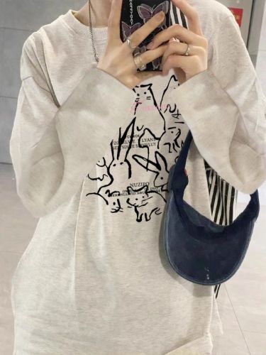 High quality pure cotton 200g 21 count combed precision printed autumn loose long sleeve T-shirt for women