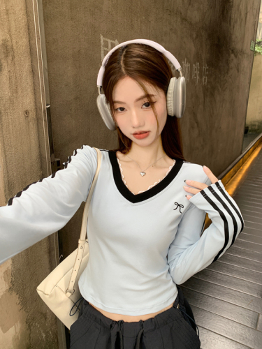 Lace bow blue right shoulder V-neck striped long-sleeved T-shirt for women autumn slim short slim top