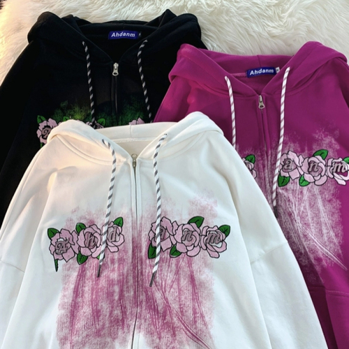 250g sweatshirt + printing + embroidery + double-layer hood with collar, thin loose fashionable sweatshirt for women with hood