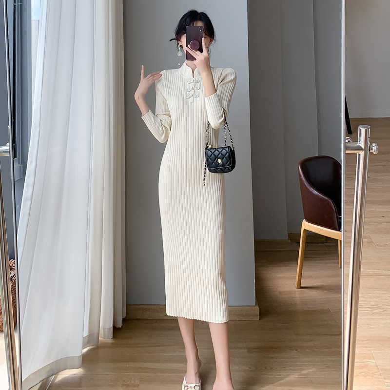 2024 Autumn and Winter New Chinese Style Retro Improved Cheongsam Long Sleeve Bottoming Knitted Dress for Women