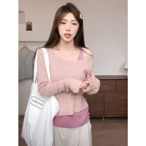 Unique and beautiful knitted bottoming shirt for early autumn new large size fat mm covering the flesh and showing slimming fake two-piece long-sleeved T-shirt top