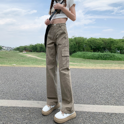 High-waisted straight overalls denim women's spring and summer loose slimming wide-leg pants American retro casual pants