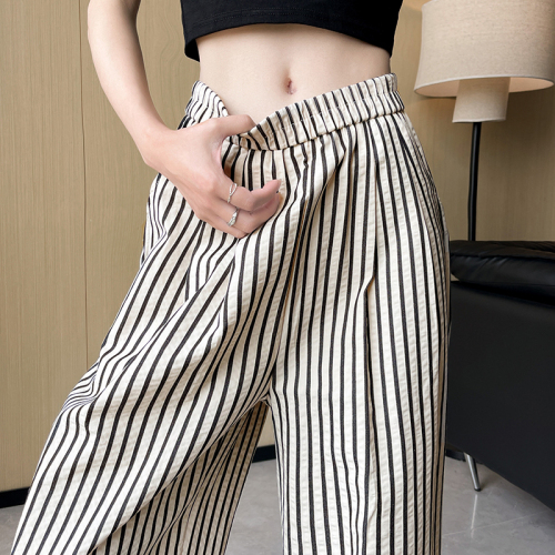 Elastic waist striped wide leg pants for women 2024 new loose straight trousers versatile slimming casual pants trend