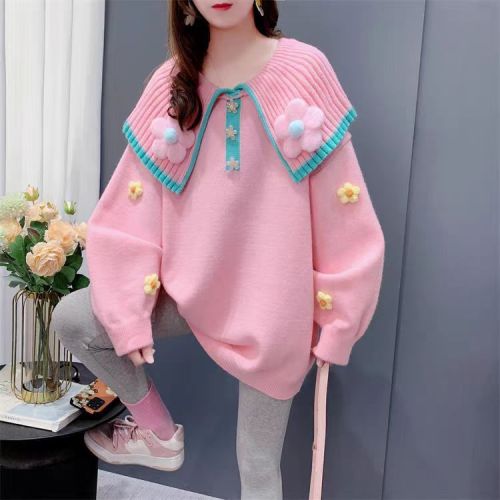 Three-dimensional flower navy collar pullover sweater for women in autumn and winter new soft, sweet, loose and super good-looking age-reducing sweater