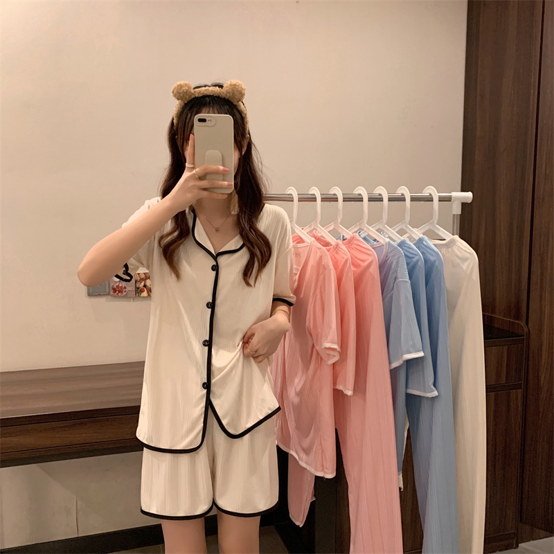 Summer new three-piece pajamas set, simple loose casual short-sleeved shorts and trousers women's suit