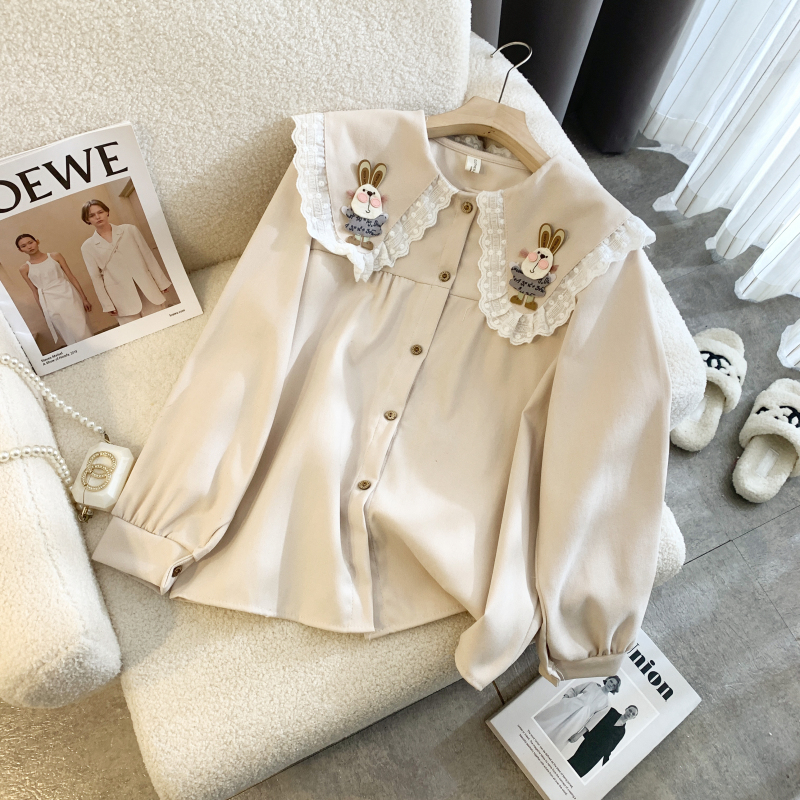 Autumn style shirt, age-reducing long-sleeved rabbit patch bottoming doll collar shirt top for women