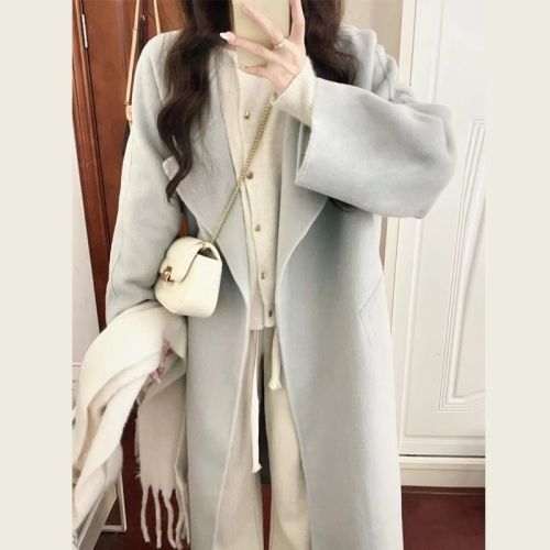 Korean autumn and winter clothing Hepburn style high-end small loose blue woolen coat woolen coat women's mid-length