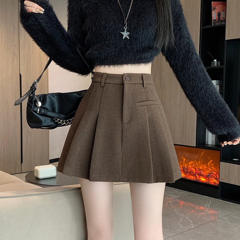 New autumn and winter high-waist thickened woolen skirt A-line skirt slimming anti-exposure pleated short skirt for women