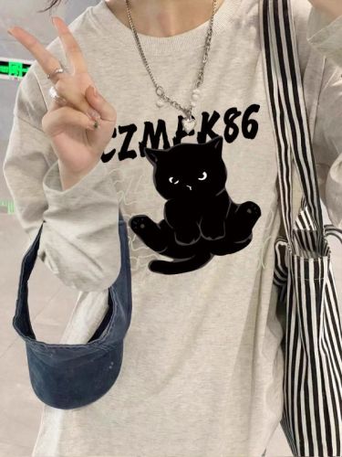 High quality pure cotton 200g 21 count combed precision printed autumn loose long sleeve T-shirt for women