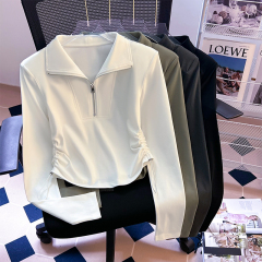 American retro half-zip chic long-sleeved T-shirt women's autumn new versatile design drawstring top