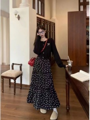 小個子秋季顯高兩件套裝女150cm針織毛衣開衫蝴蝶結碎花半身裙xs