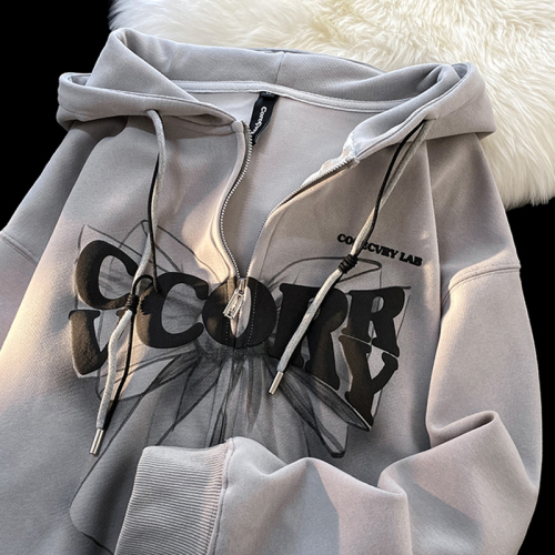 250g sweatshirt + foam printing + double-layer hood with collar, spring and autumn thin loose and fashionable women's hooded