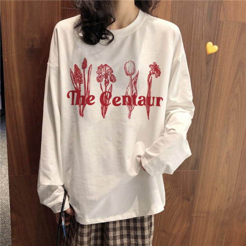 Pure cotton long-sleeved T-shirt for women 2024 new autumn and winter solid color loose bottoming shirt printed round neck top