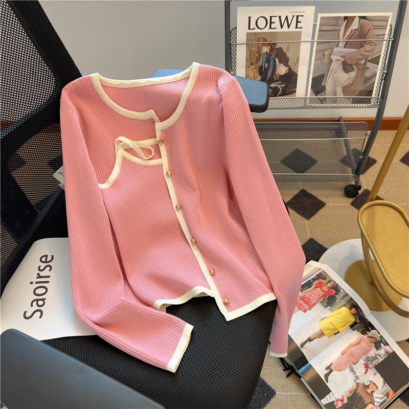 French autumn new casual solid color single-breasted slim long-sleeved coat suspender sweater women's two-piece set