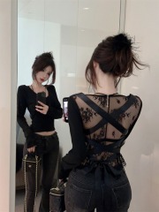 Early autumn backless spliced ​​eyelashes lace cross ribbon temperament long-sleeved T pure lust top for women