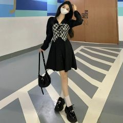 Plus size women's autumn long-sleeved college style polo shirt dress for fat girls, waist slimming and belly-covering A-line skirt