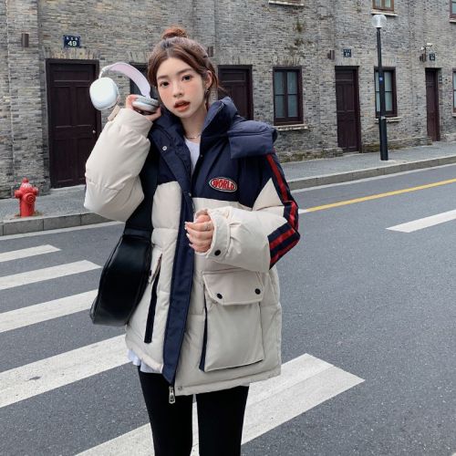 Real shot of duck and duck same style 2024 autumn and winter couple wear contrasting color down cotton coat women's loose thickened warm cotton coat jacket