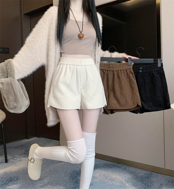 Thickened corduroy shorts for small women, autumn and winter outer wear, elastic high-waisted A-line popular boot pants