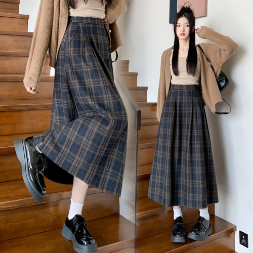 Japanese retro woolen plaid skirt for women winter pleated skirt plaid long skirt umbrella skirt mid-length A-line skirt