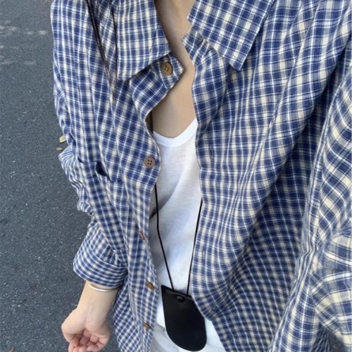 Special offer original fabric retro niche lazy style casual plaid loose plaid shirt women's jacket