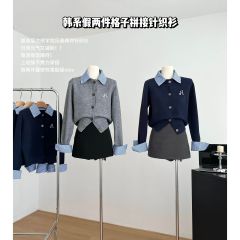 格子拼接假兩件針織毛衣女早秋新款別致刺繡寬鬆學院風長袖開衫潮
