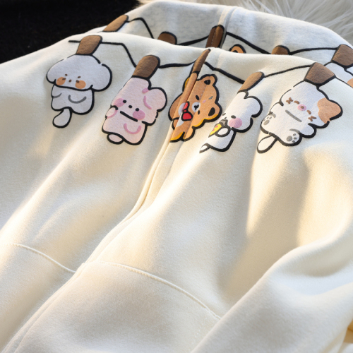 310 grams Chinese cotton compound milk silk + double hood back collar niche cartoon hooded sweatshirt women's autumn and winter long-sleeved jacket